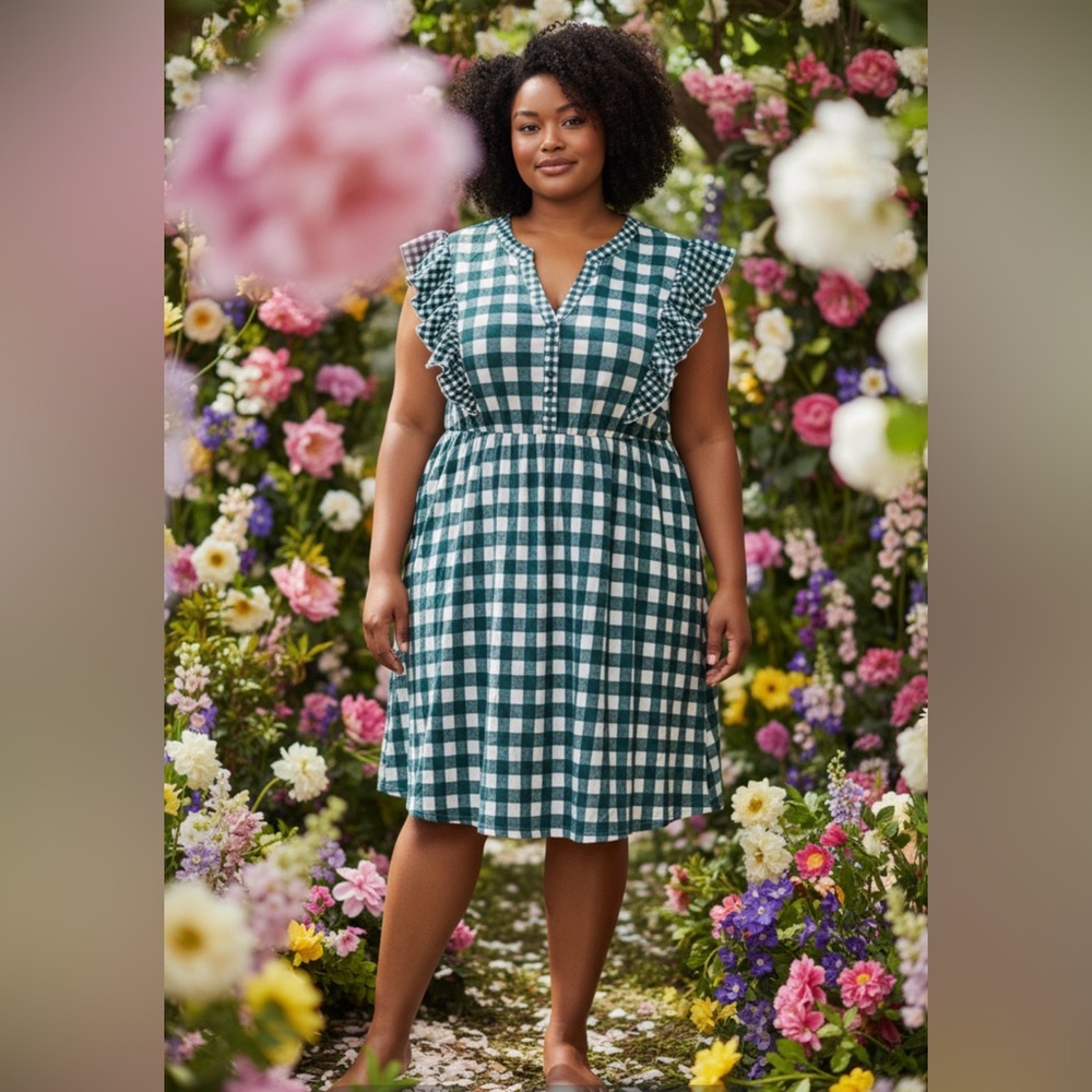 BloomChic Green Gingham Ruffle-Sleeve Midi Dress